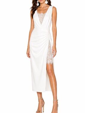 Katie May ivory V-Neck Lace-Inset Ruched Midi Dress